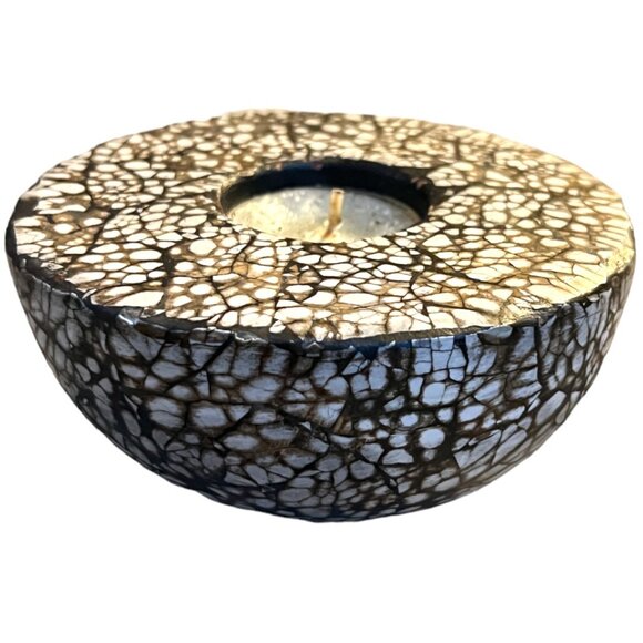 Heavy Ceramic Tealight Candle Holder Inlaid Eggshell Bohemian Boho 5" x 2.5 tall - Picture 3 of 10
